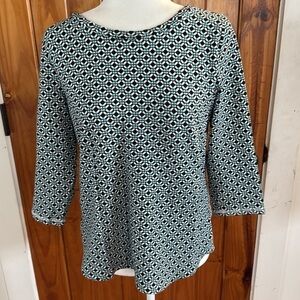 Talbots Black, White, and Teal Geometric Knit Top